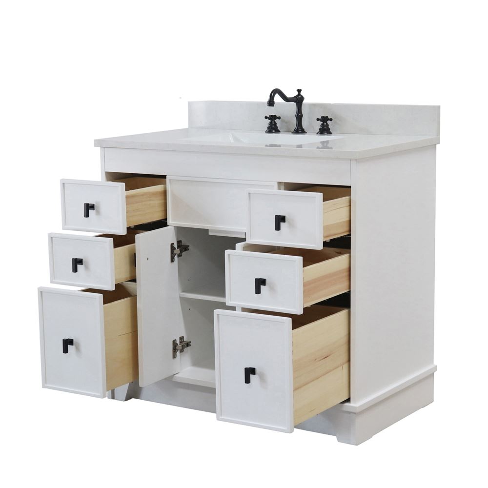 Bellaterra Home 3922-BL-WH-AQ 39" White Single Sink Vanity With Engineered Stone Top and Black Hardware