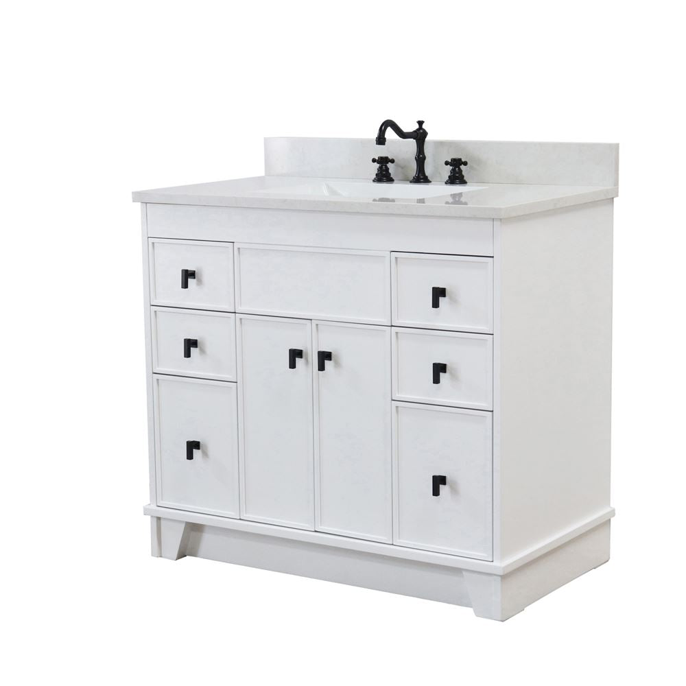 Bellaterra Home 3922-BL-WH-AQ 39" White Single Sink Vanity With Engineered Stone Top and Black Hardware