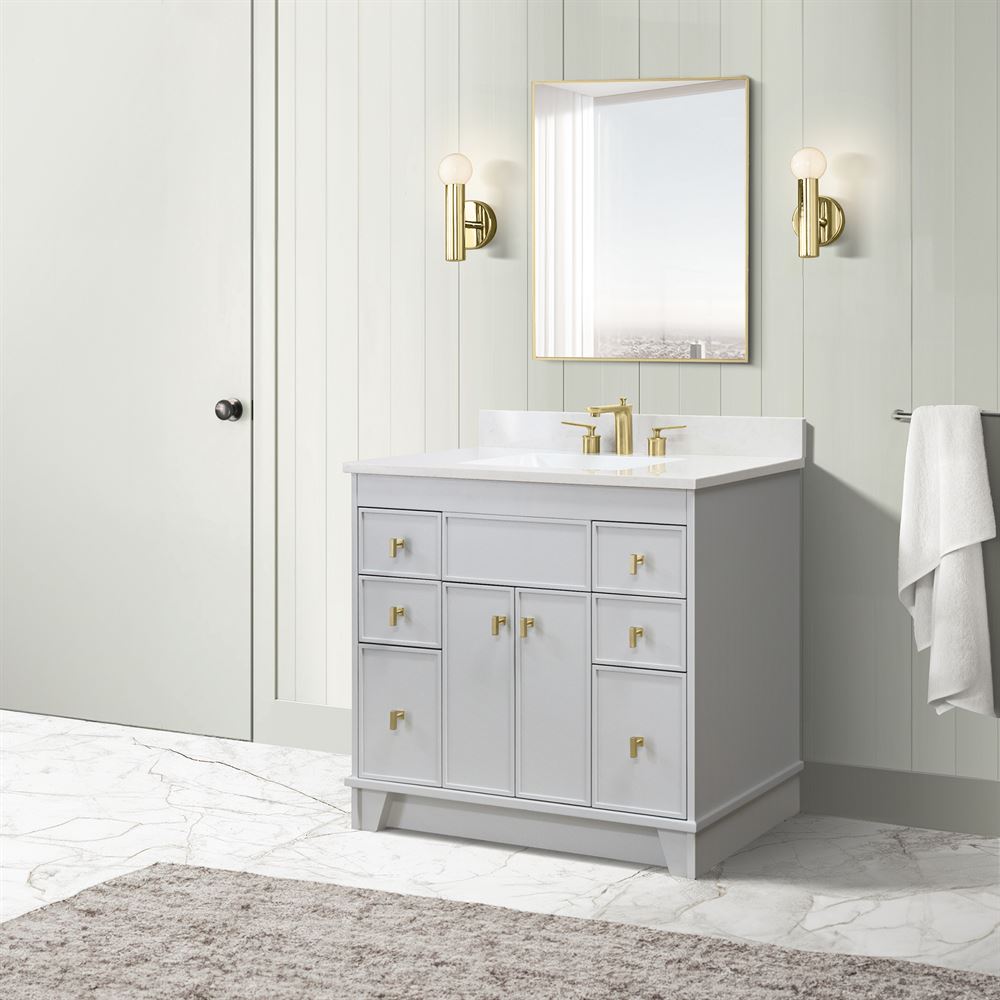 Bellaterra Home 3922-GD-FG-AQ 39" French Gray Single Sink Vanity With Engineered Stone Top and Gold Hardware
