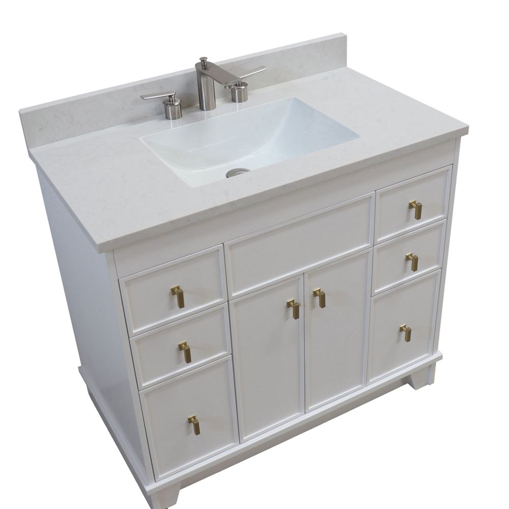 Bellaterra Home 3922-GD-WH-AQ 39" White Single Sink Vanity With Engineered Stone Top and Gold Hardware