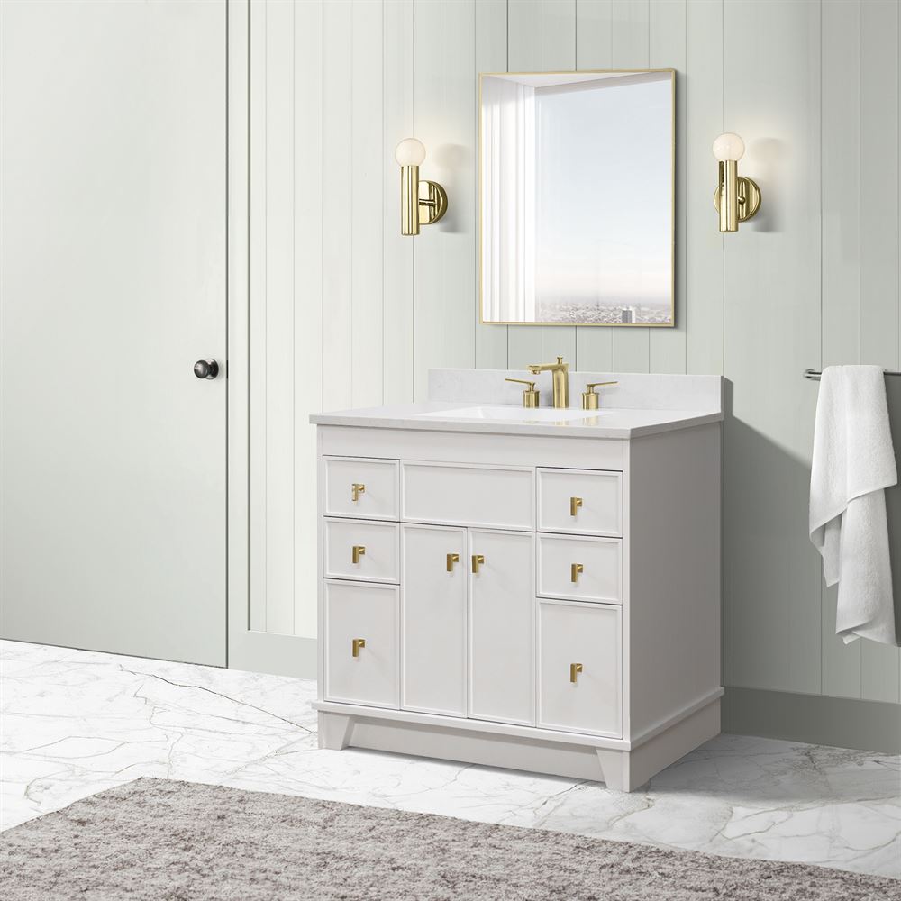 Bellaterra Home 3922-GD-WH-AQ 39" White Single Sink Vanity With Engineered Stone Top and Gold Hardware