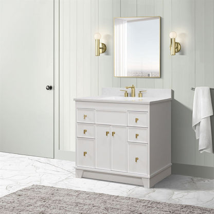 Bellaterra Home 3922-GD-WH-AQ 39" White Single Sink Vanity With Engineered Stone Top and Gold Hardware