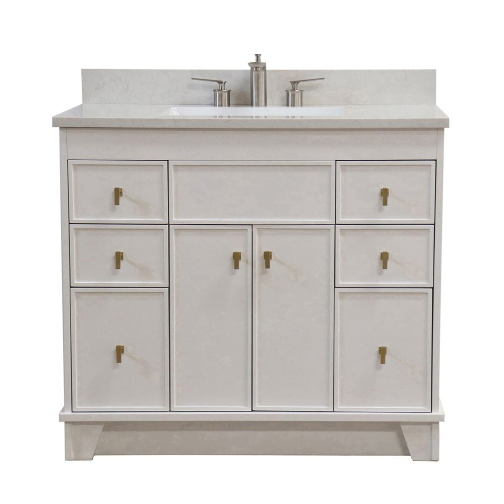 Bellaterra Home 3922-GD-WH-AQ 39" White Single Sink Vanity With Engineered Stone Top and Gold Hardware