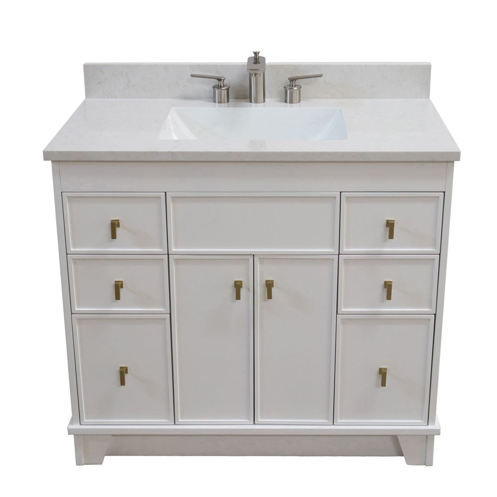 Bellaterra Home 3922-GD-WH-AQ 39" White Single Sink Vanity With Engineered Stone Top and Gold Hardware