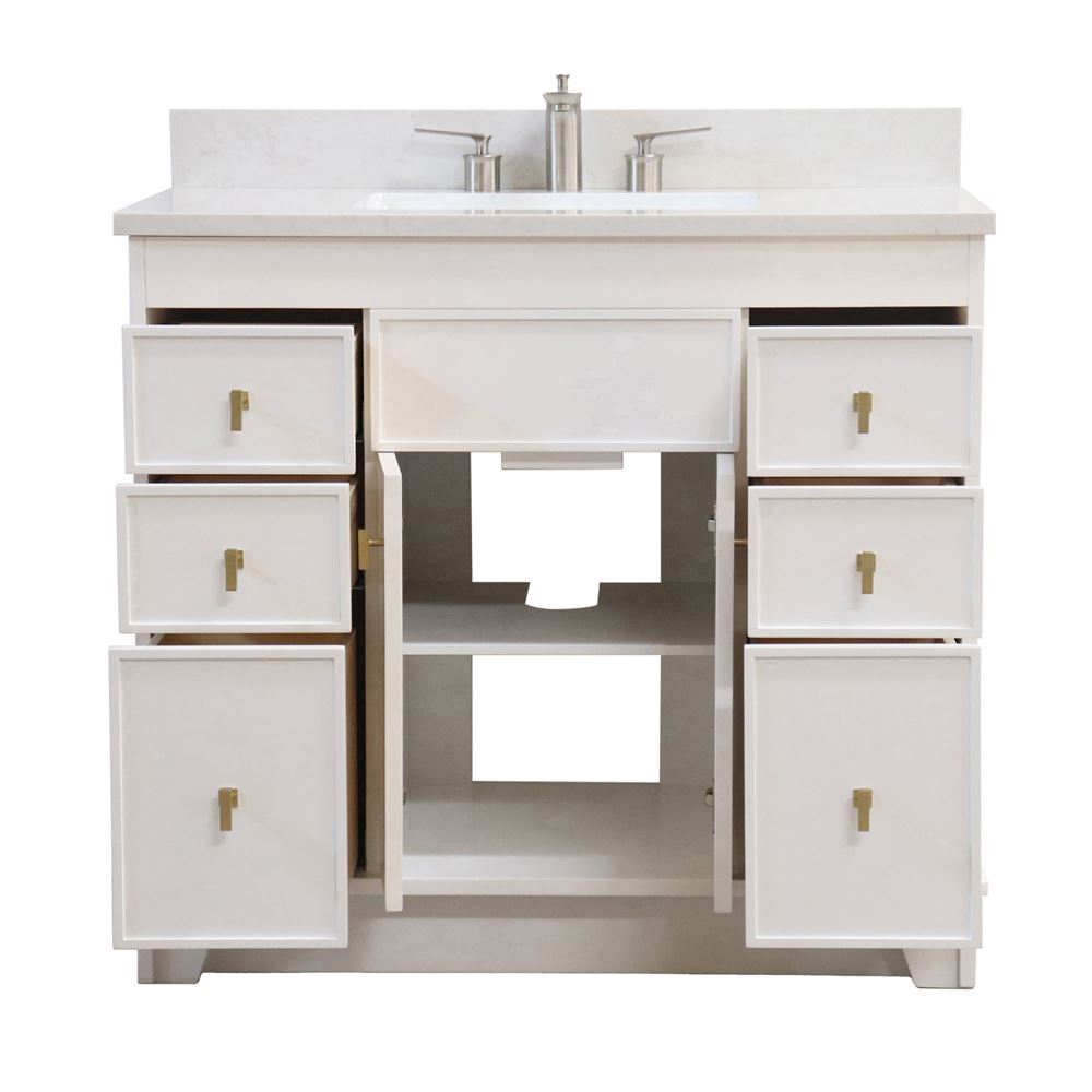 Bellaterra Home 3922-GD-WH-AQ 39" White Single Sink Vanity With Engineered Stone Top and Gold Hardware