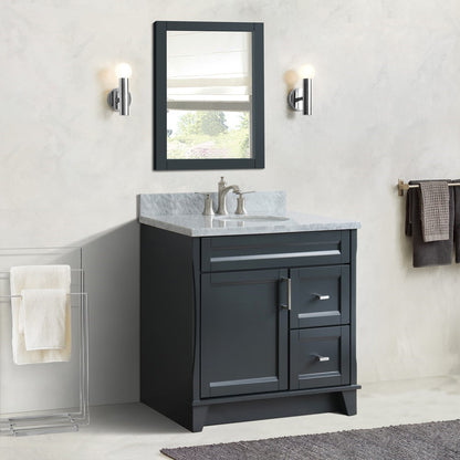 Bellaterra Home 400700-37L-DG-WMOC 37" Dark Gray Single Sink Vanity With 2 Drawers, 1 Left Door, White Carrara Marble Countertop, and Integrated Center Sink