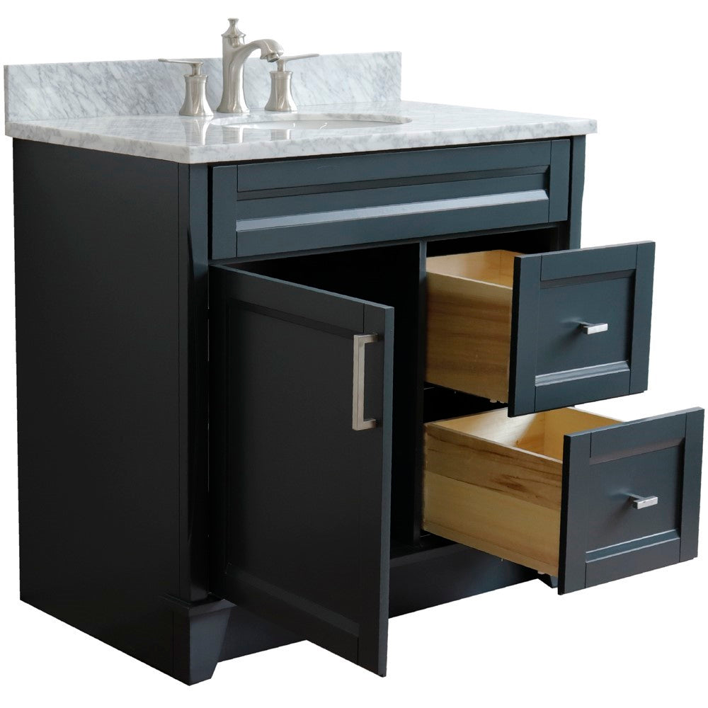 Bellaterra Home 400700-37L-DG-WMOC 37" Dark Gray Single Sink Vanity With 2 Drawers, 1 Left Door, White Carrara Marble Countertop, and Integrated Center Sink