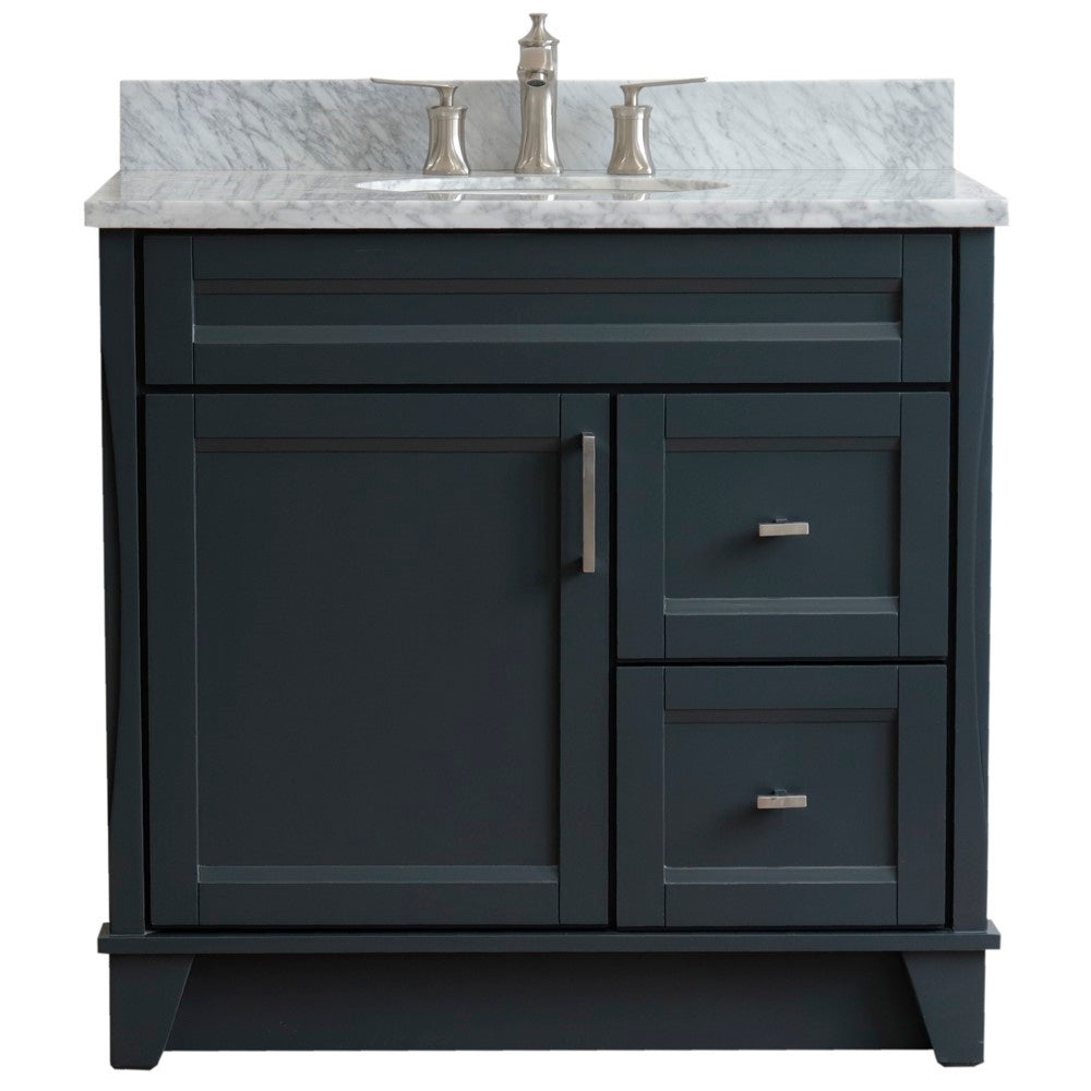 Bellaterra Home 400700-37L-DG-WMOC 37" Dark Gray Single Sink Vanity With 2 Drawers, 1 Left Door, White Carrara Marble Countertop, and Integrated Center Sink