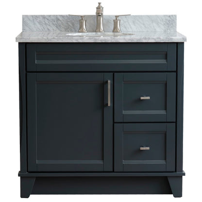 Bellaterra Home 400700-37L-DG-WMOC 37" Dark Gray Single Sink Vanity With 2 Drawers, 1 Left Door, White Carrara Marble Countertop, and Integrated Center Sink