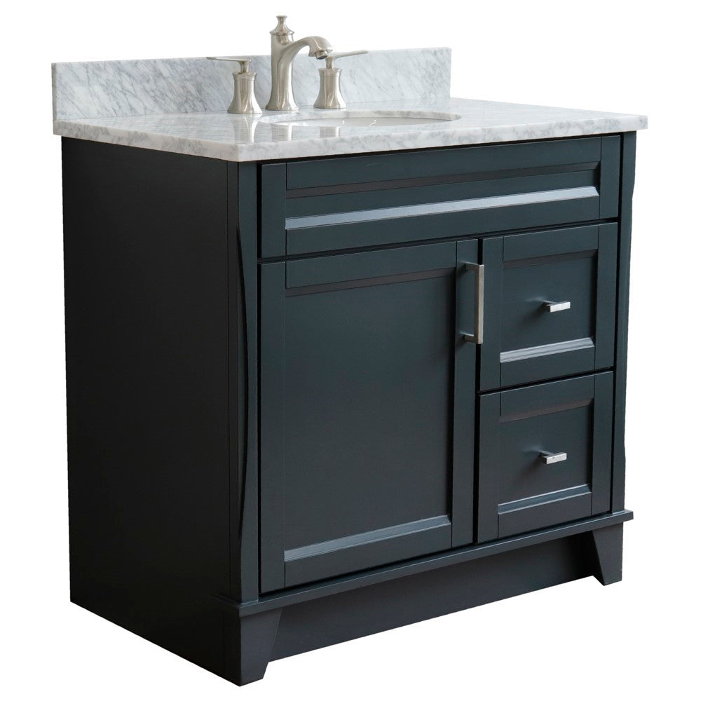Bellaterra Home 400700-37L-DG-WMOC 37" Dark Gray Single Sink Vanity With 2 Drawers, 1 Left Door, White Carrara Marble Countertop, and Integrated Center Sink