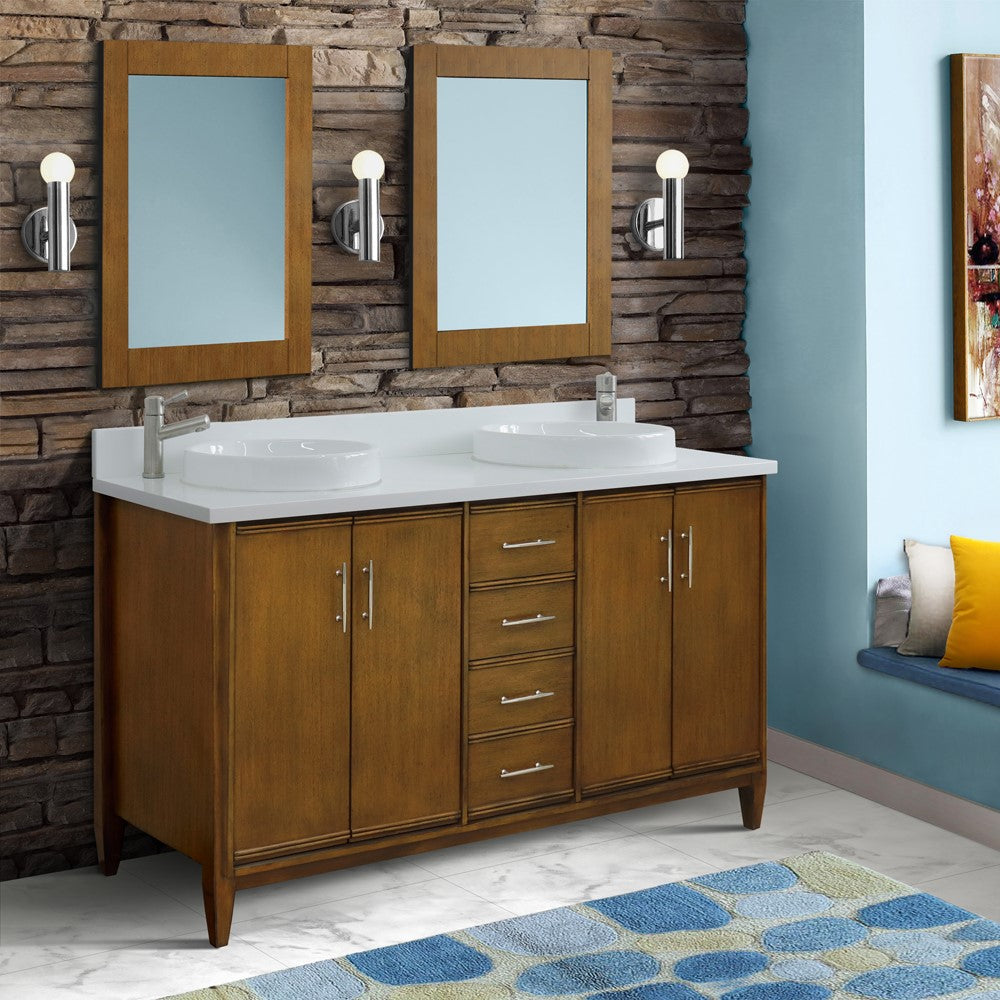 Bellaterra Home 400901-61D-WA-WERD 61" Walnut Double Sink Vanity With White Engineered Stone Countertop and Round Sinks