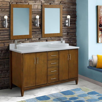 Bellaterra Home 400901-61D-WA-WERD 61" Walnut Double Sink Vanity With White Engineered Stone Countertop and Round Sinks