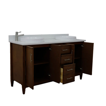 Bellaterra Home 400901-61D-WA-WERD 61" Walnut Double Sink Vanity With White Engineered Stone Countertop and Round Sinks