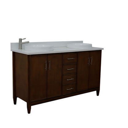 Bellaterra Home 400901-61D-WA-WERD 61" Walnut Double Sink Vanity With White Engineered Stone Countertop and Round Sinks