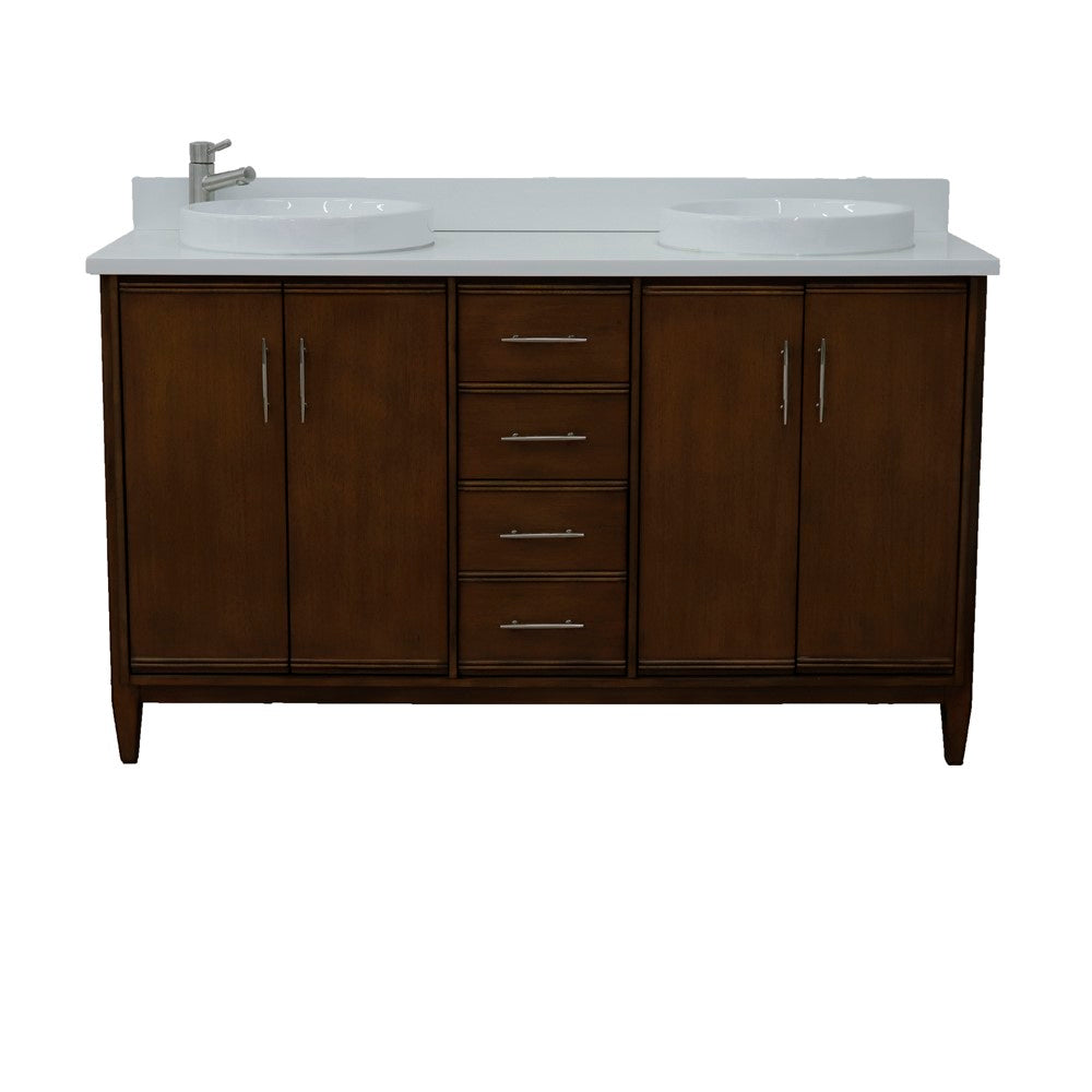 Bellaterra Home 400901-61D-WA-WERD 61" Walnut Double Sink Vanity With White Engineered Stone Countertop and Round Sinks