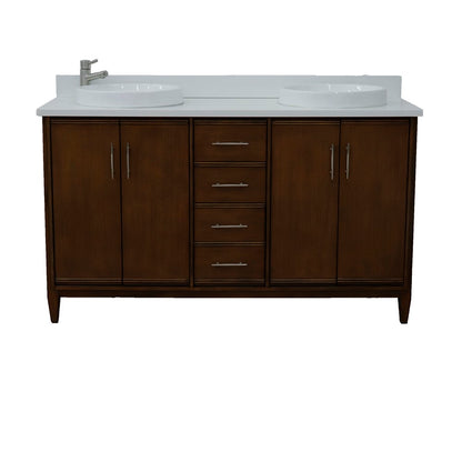 Bellaterra Home 400901-61D-WA-WERD 61" Walnut Double Sink Vanity With White Engineered Stone Countertop and Round Sinks