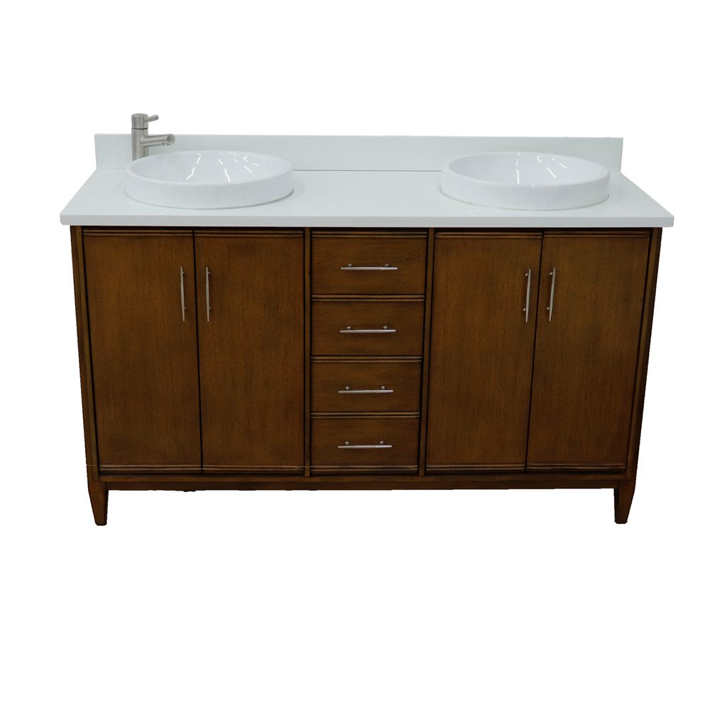 Bellaterra Home 400901-61D-WA-WERD 61" Walnut Double Sink Vanity With White Engineered Stone Countertop and Round Sinks