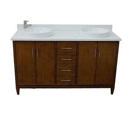 Bellaterra Home 400901-61D-WA-WERD 61" Walnut Double Sink Vanity With White Engineered Stone Countertop and Round Sinks