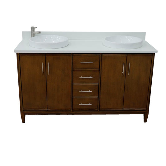 Bellaterra Home 400901-61D-WA-WERD 61" Walnut Double Sink Vanity With White Engineered Stone Countertop and Round Sinks
