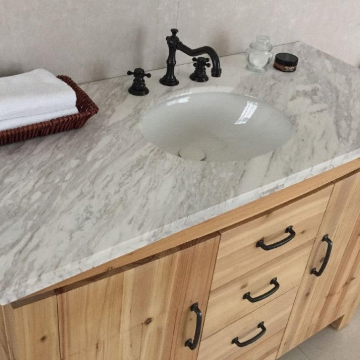 Bellaterra Home 48" 2-Door 3-Drawer Natural Freestanding Vanity Set With Ceramic Center Undermount Oval Sink and Jazz White Marble Top