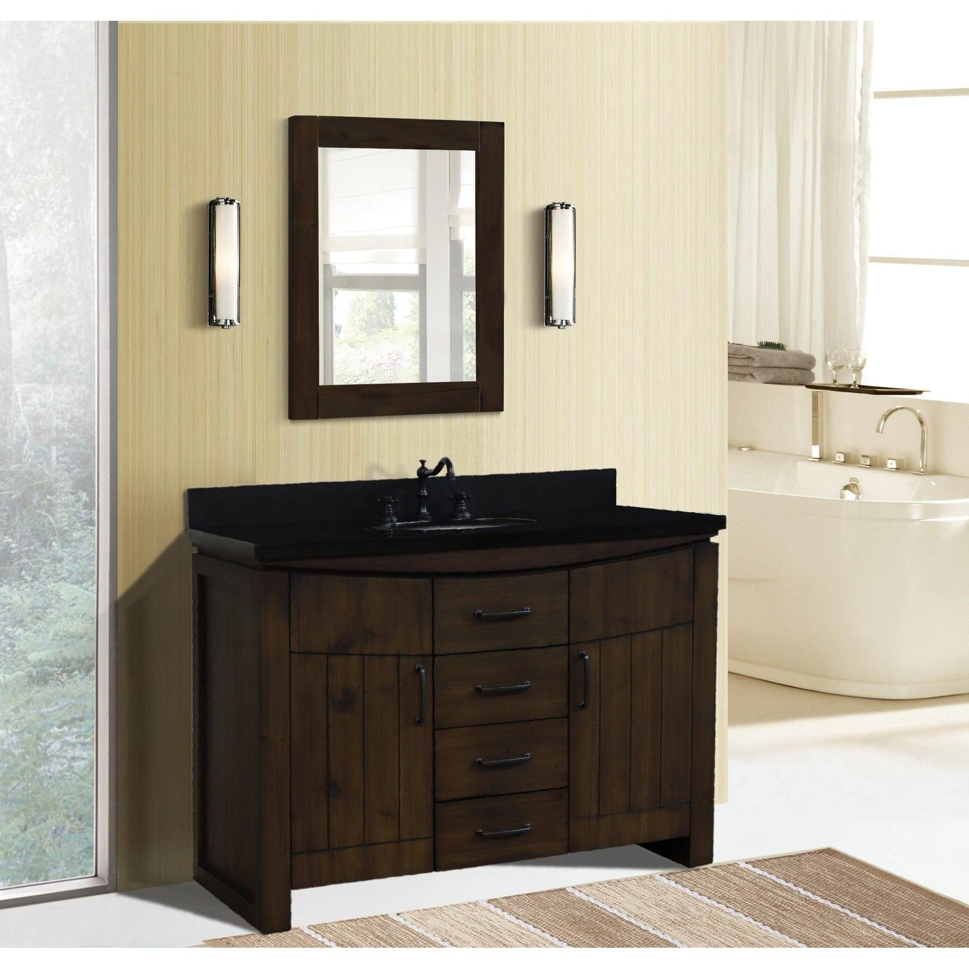 Bellaterra Home 48" 2-Door 3-Drawer Rustic Wood Freestanding Vanity Set With Ceramic Center Undermount Oval Sink and Black Galaxy Granite Top