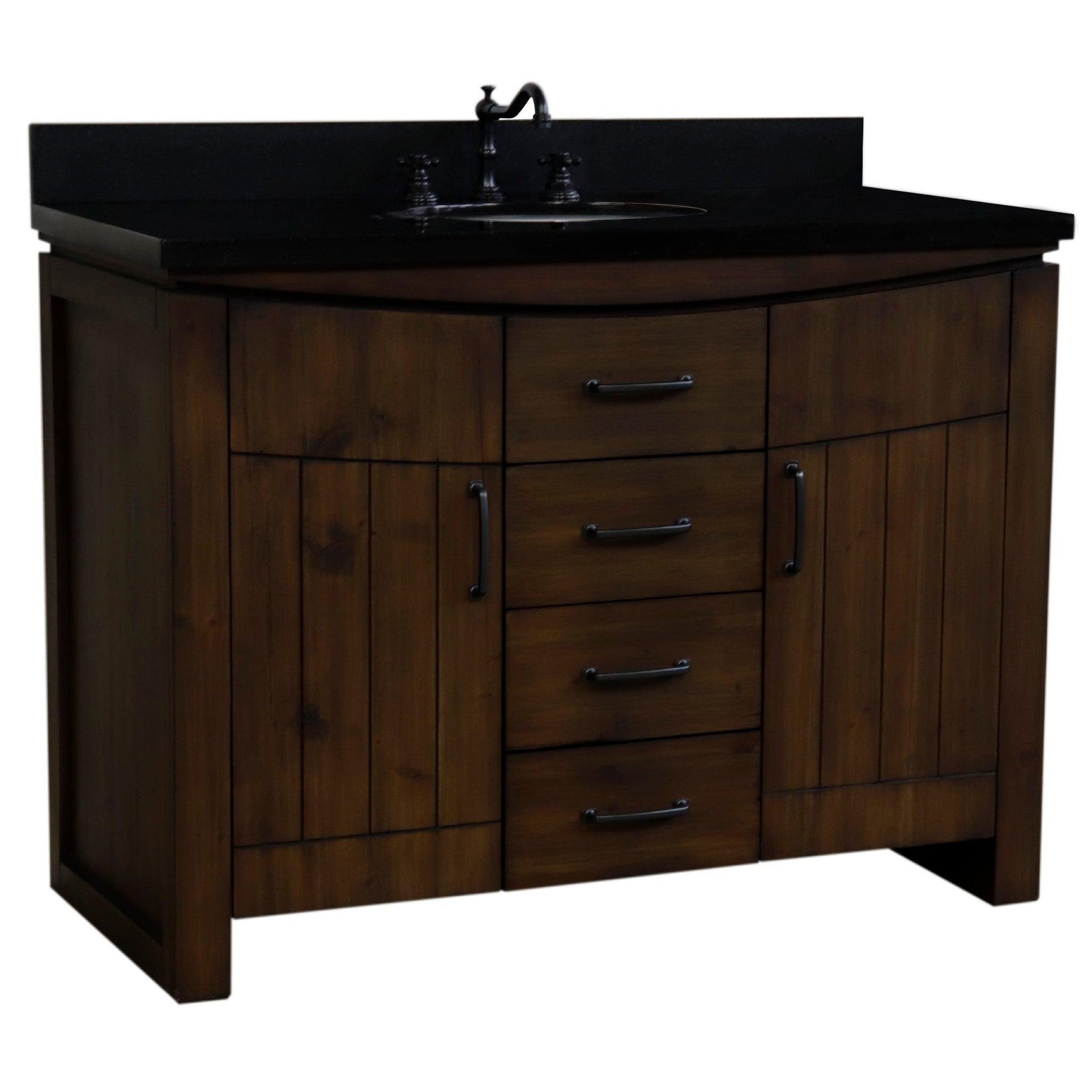 Bellaterra Home 48" 2-Door 3-Drawer Rustic Wood Freestanding Vanity Set With Ceramic Center Undermount Oval Sink and Black Galaxy Granite Top