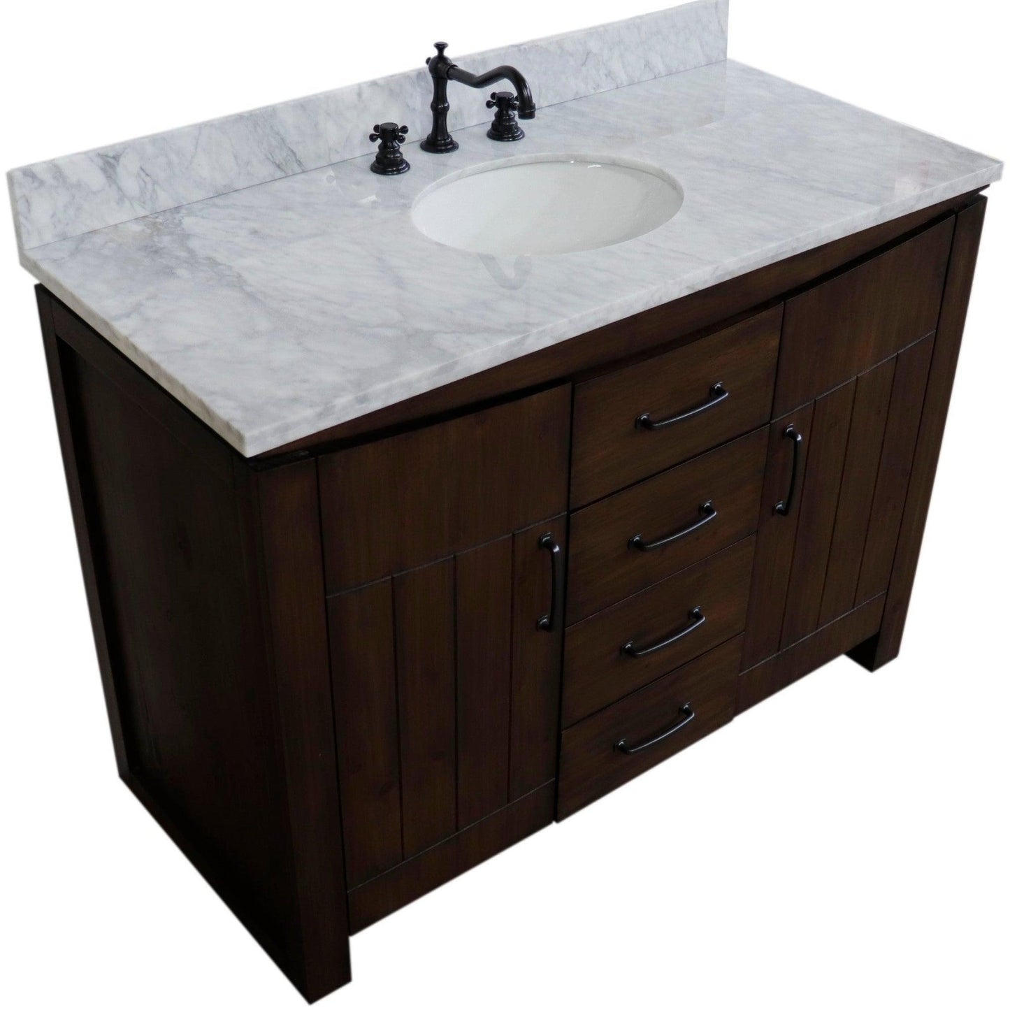 Bellaterra Home 48" 2-Door 3-Drawer Rustic Wood Freestanding Vanity Set With Ceramic Center Undermount Oval Sink and White Marble Top