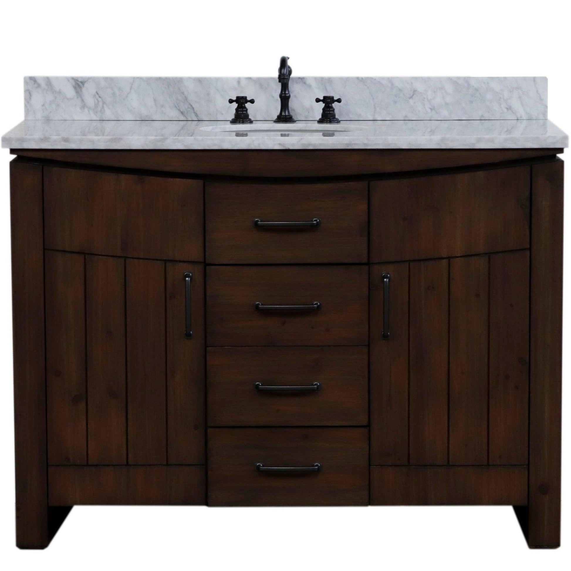 Bellaterra Home 48" 2-Door 3-Drawer Rustic Wood Freestanding Vanity Set With Ceramic Center Undermount Oval Sink and White Marble Top
