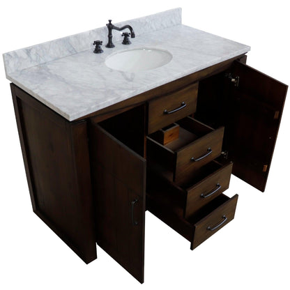 Bellaterra Home 48" 2-Door 3-Drawer Rustic Wood Freestanding Vanity Set With Ceramic Center Undermount Oval Sink and White Marble Top