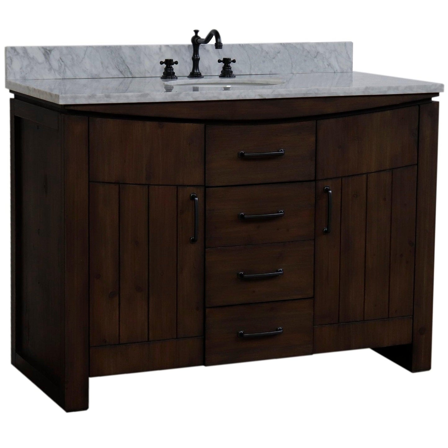 Bellaterra Home 48" 2-Door 3-Drawer Rustic Wood Freestanding Vanity Set With Ceramic Center Undermount Oval Sink and White Marble Top