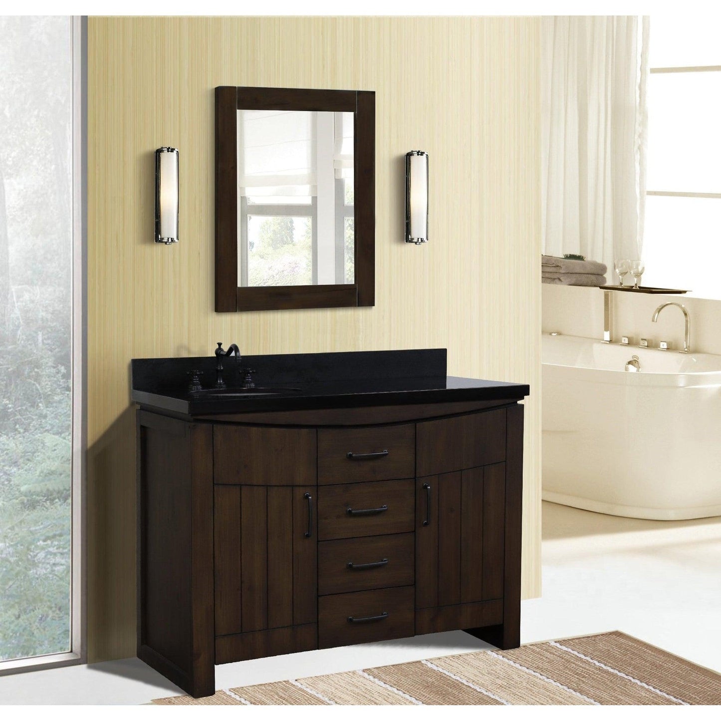Bellaterra Home 48" 2-Door 3-Drawer Rustic Wood Freestanding Vanity Set With Ceramic Left Offset Undermount Oval Sink and Black Galaxy Granite Top