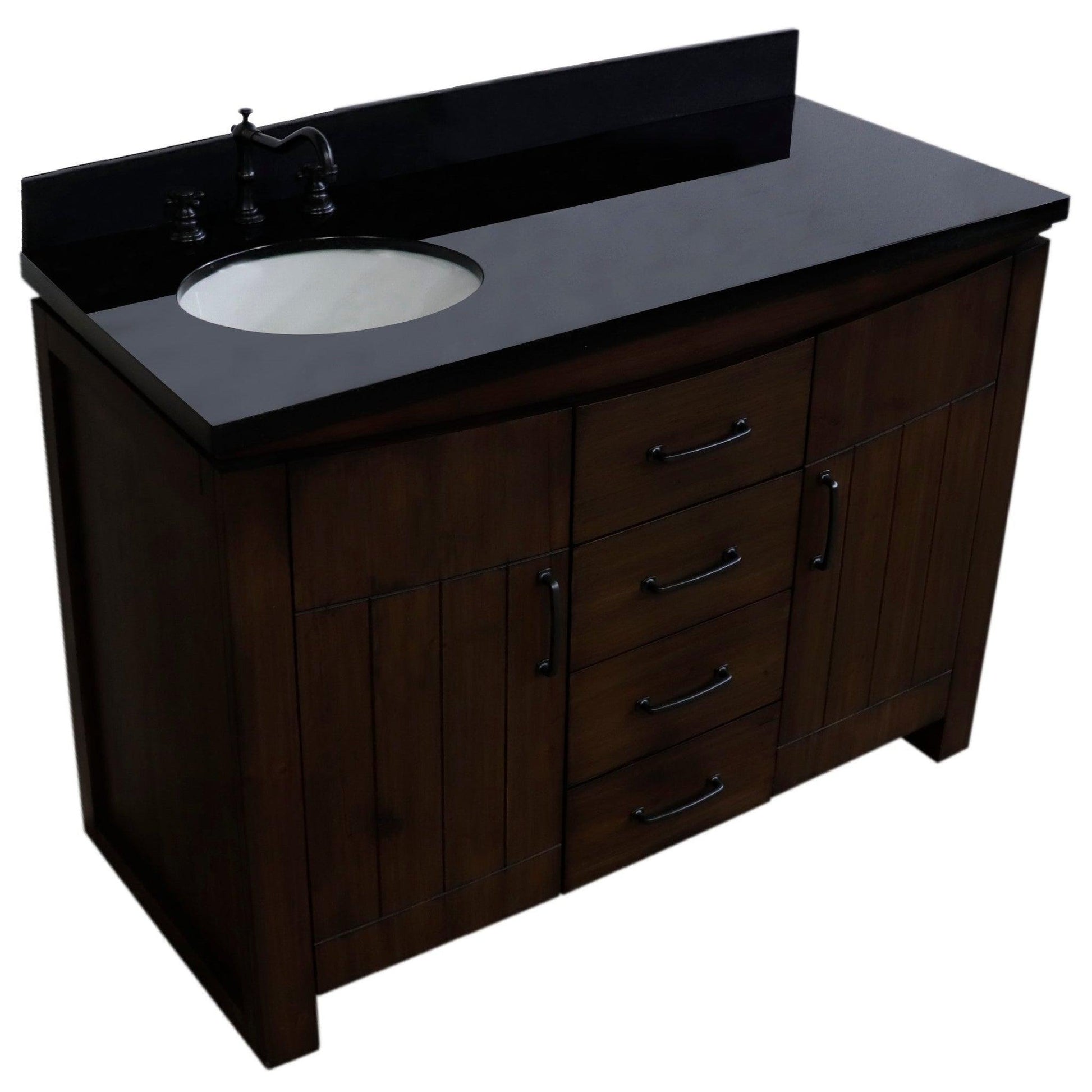 Bellaterra Home 48" 2-Door 3-Drawer Rustic Wood Freestanding Vanity Set With Ceramic Left Offset Undermount Oval Sink and Black Galaxy Granite Top