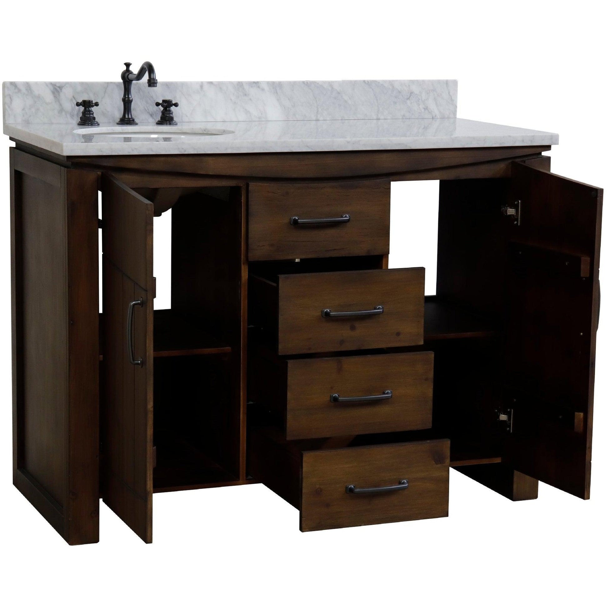 Bellaterra Home 48" 2-Door 3-Drawer Rustic Wood Freestanding Vanity Set With Ceramic Left Offset Undermount Oval Sink and White Marble Top