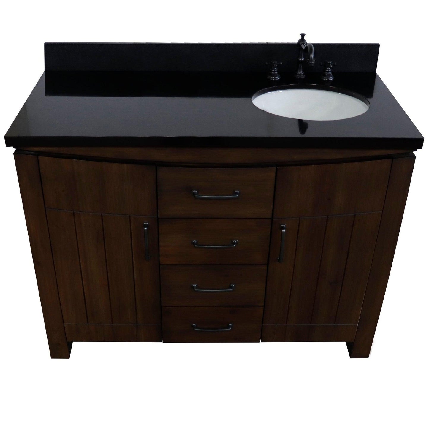 Bellaterra Home 48" 2-Door 3-Drawer Rustic Wood Freestanding Vanity Set With Ceramic Right Offset Undermount Oval Sink and Black Galaxy Granite Top