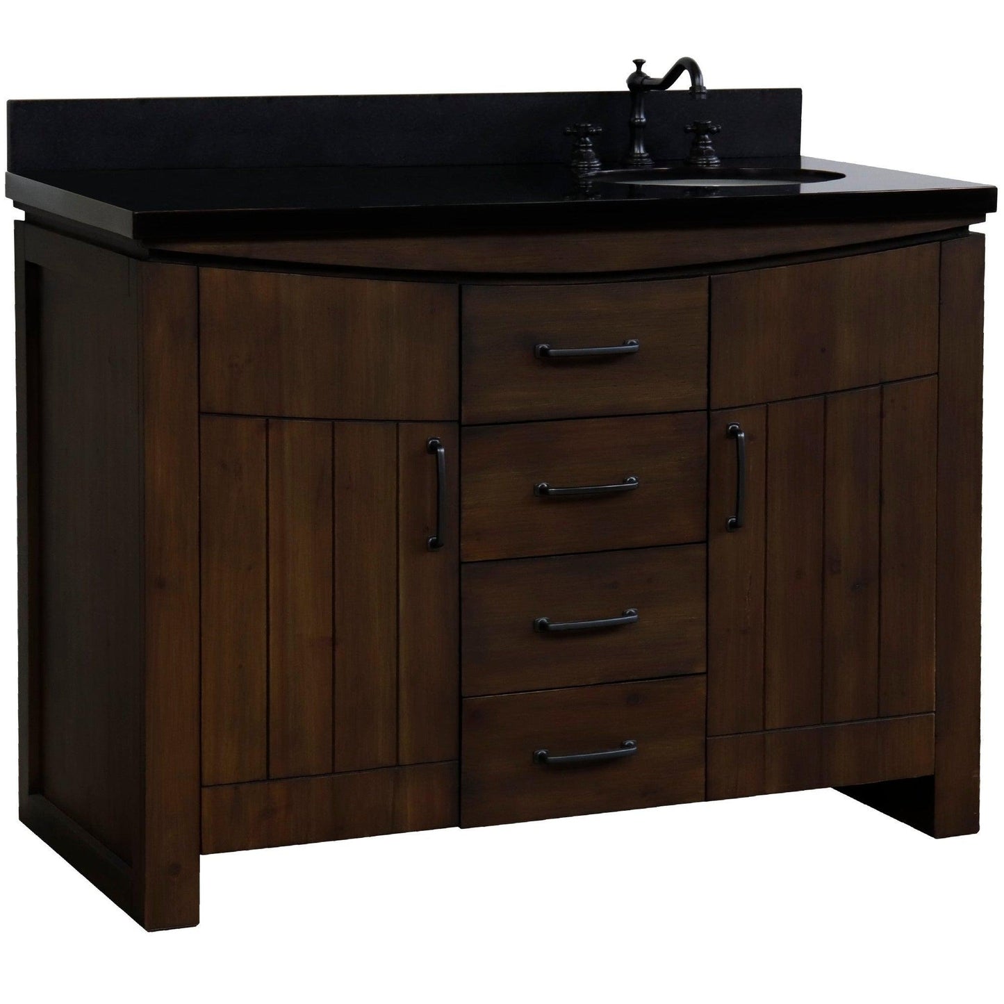 Bellaterra Home 48" 2-Door 3-Drawer Rustic Wood Freestanding Vanity Set With Ceramic Right Offset Undermount Oval Sink and Black Galaxy Granite Top