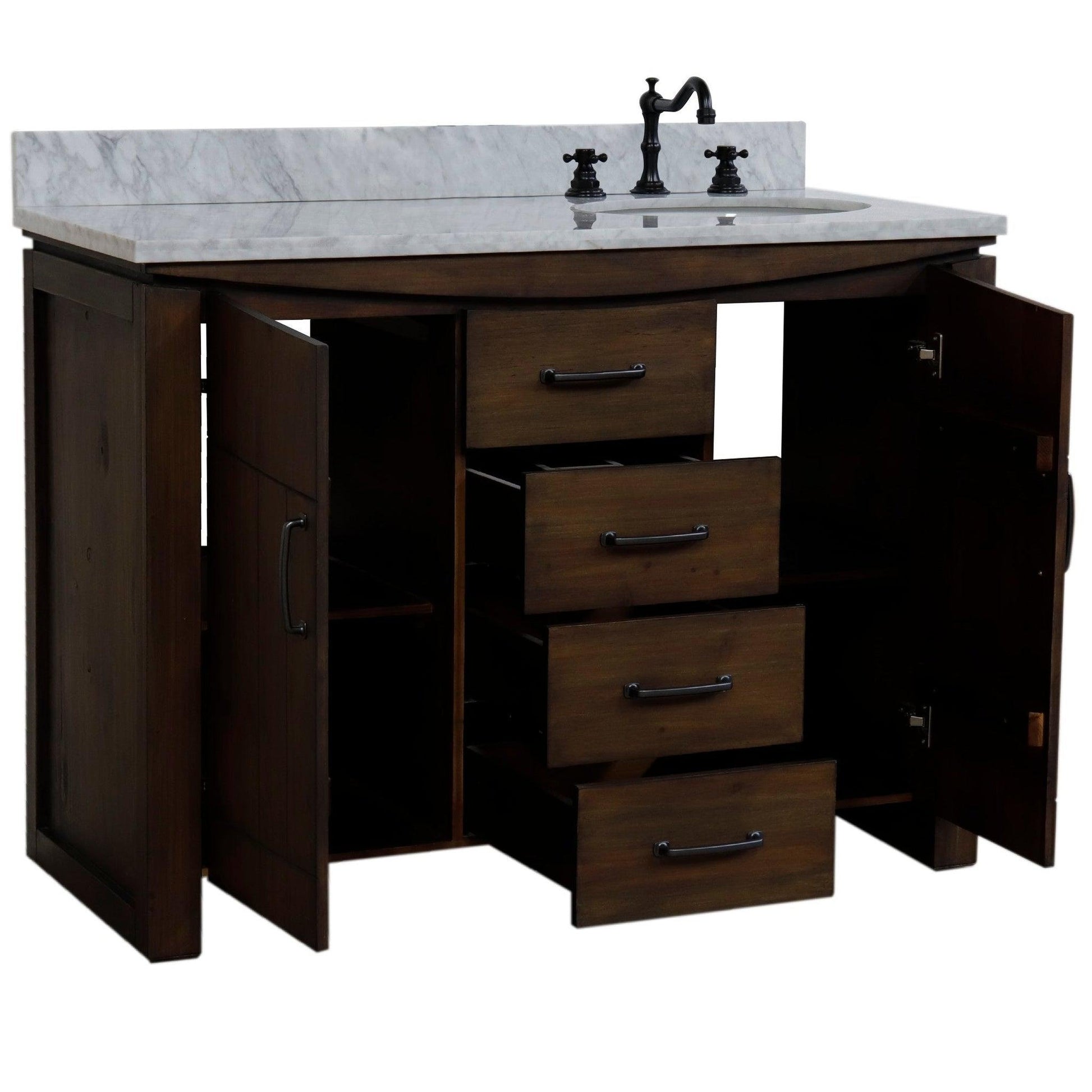 Bellaterra Home 48" 2-Door 3-Drawer Rustic Wood Freestanding Vanity Set With Ceramic Right Offset Undermount Oval Sink and White Marble Top