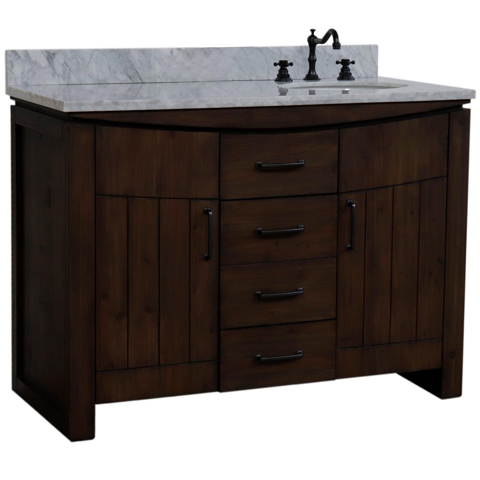 Bellaterra Home 48" 2-Door 3-Drawer Rustic Wood Freestanding Vanity Set With Ceramic Right Offset Undermount Oval Sink and White Marble Top