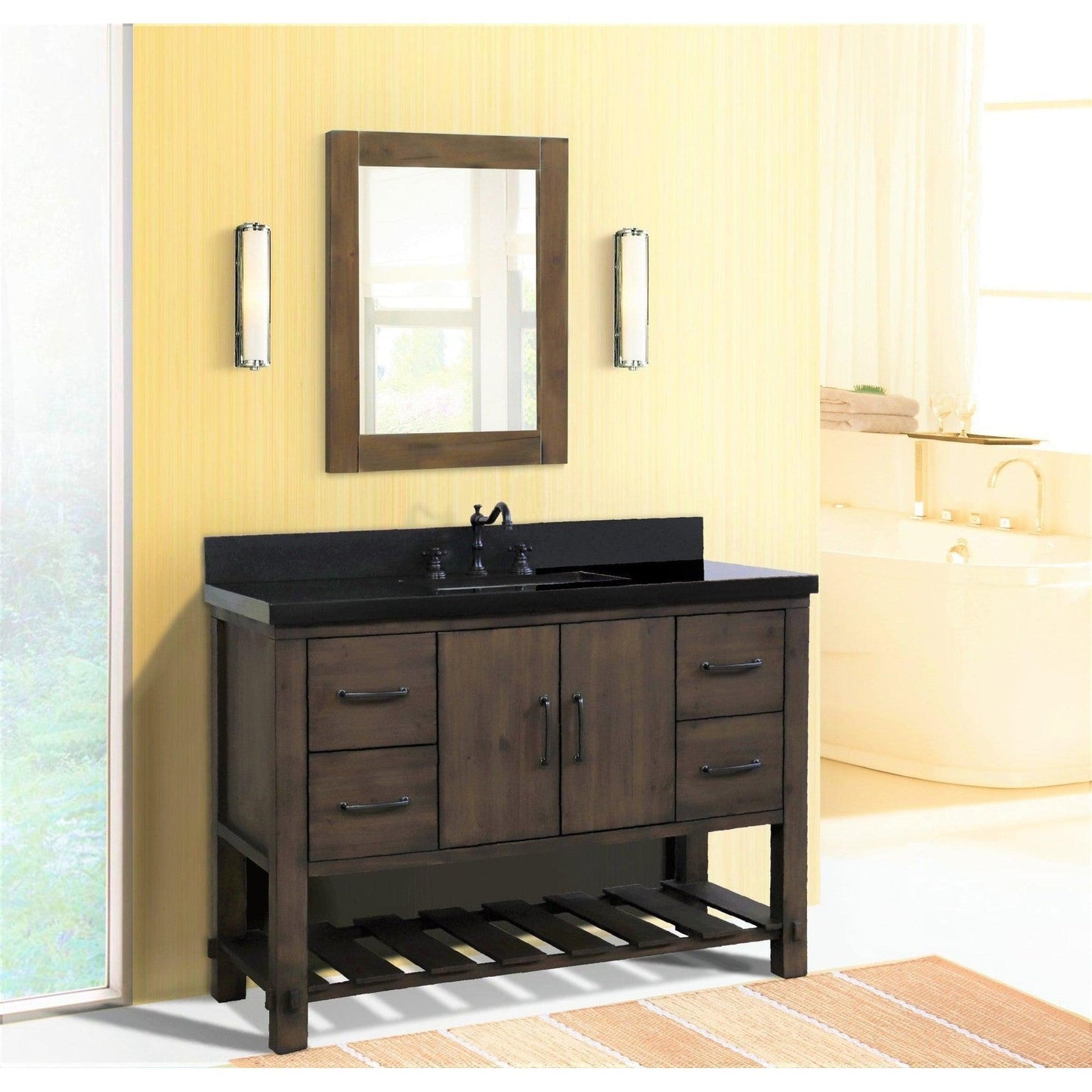 Bellaterra Home 48" 2-Door 4-Drawer Rustic Wood Freestanding Vanity Set With Ceramic Center Rectangular Sink and Black Galaxy Granite Top