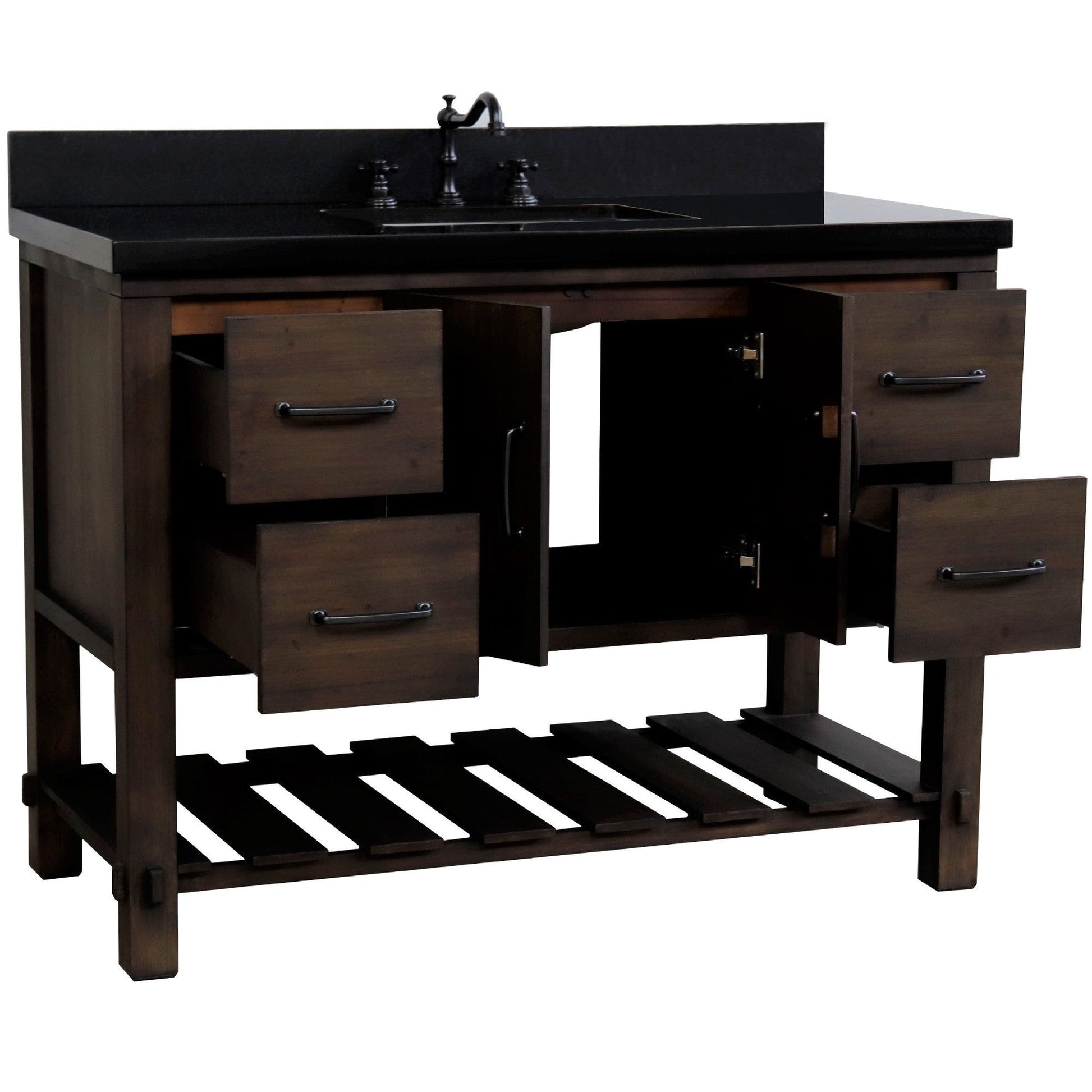 Bellaterra Home 48" 2-Door 4-Drawer Rustic Wood Freestanding Vanity Set With Ceramic Center Rectangular Sink and Black Galaxy Granite Top