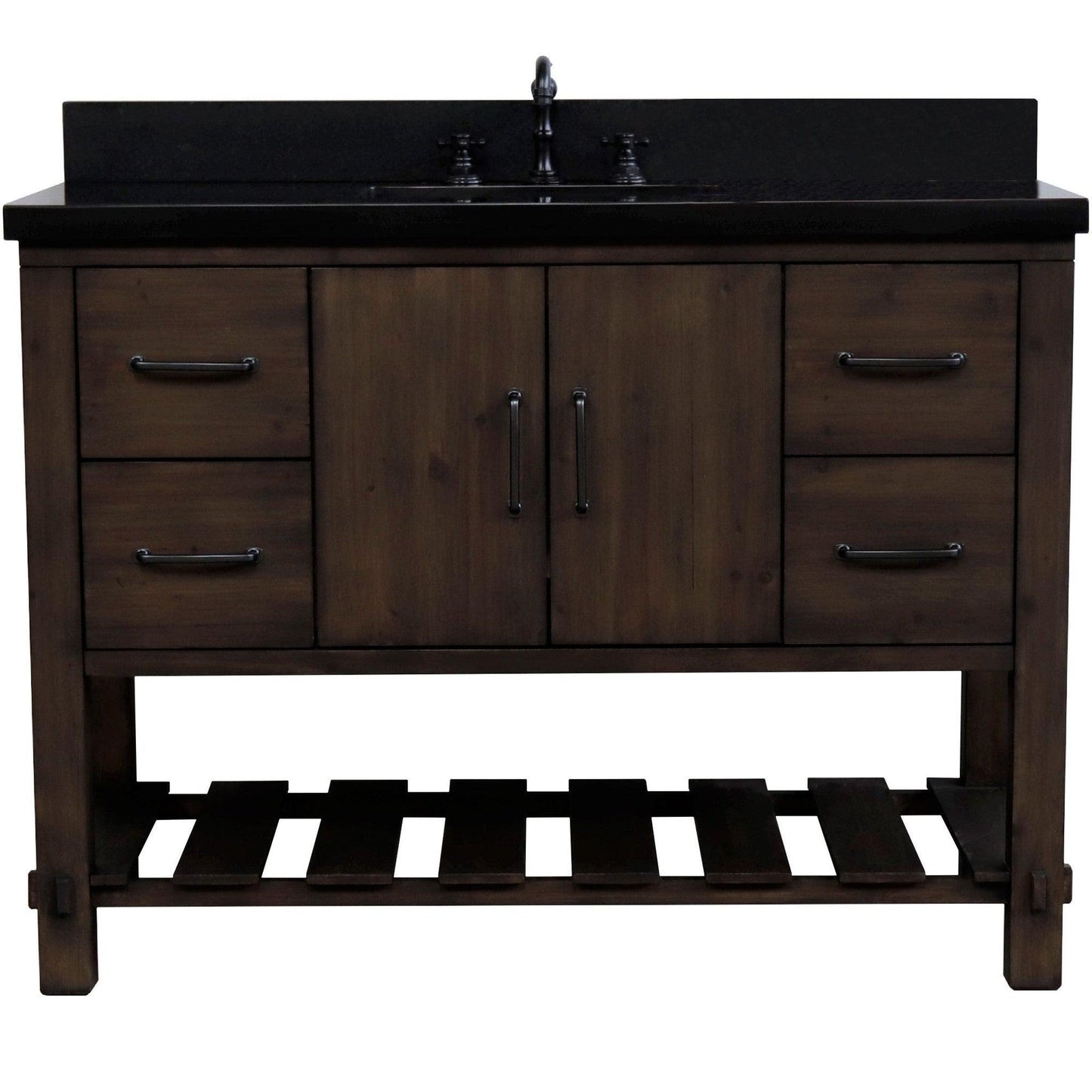 Bellaterra Home 48" 2-Door 4-Drawer Rustic Wood Freestanding Vanity Set With Ceramic Center Rectangular Sink and Black Galaxy Granite Top