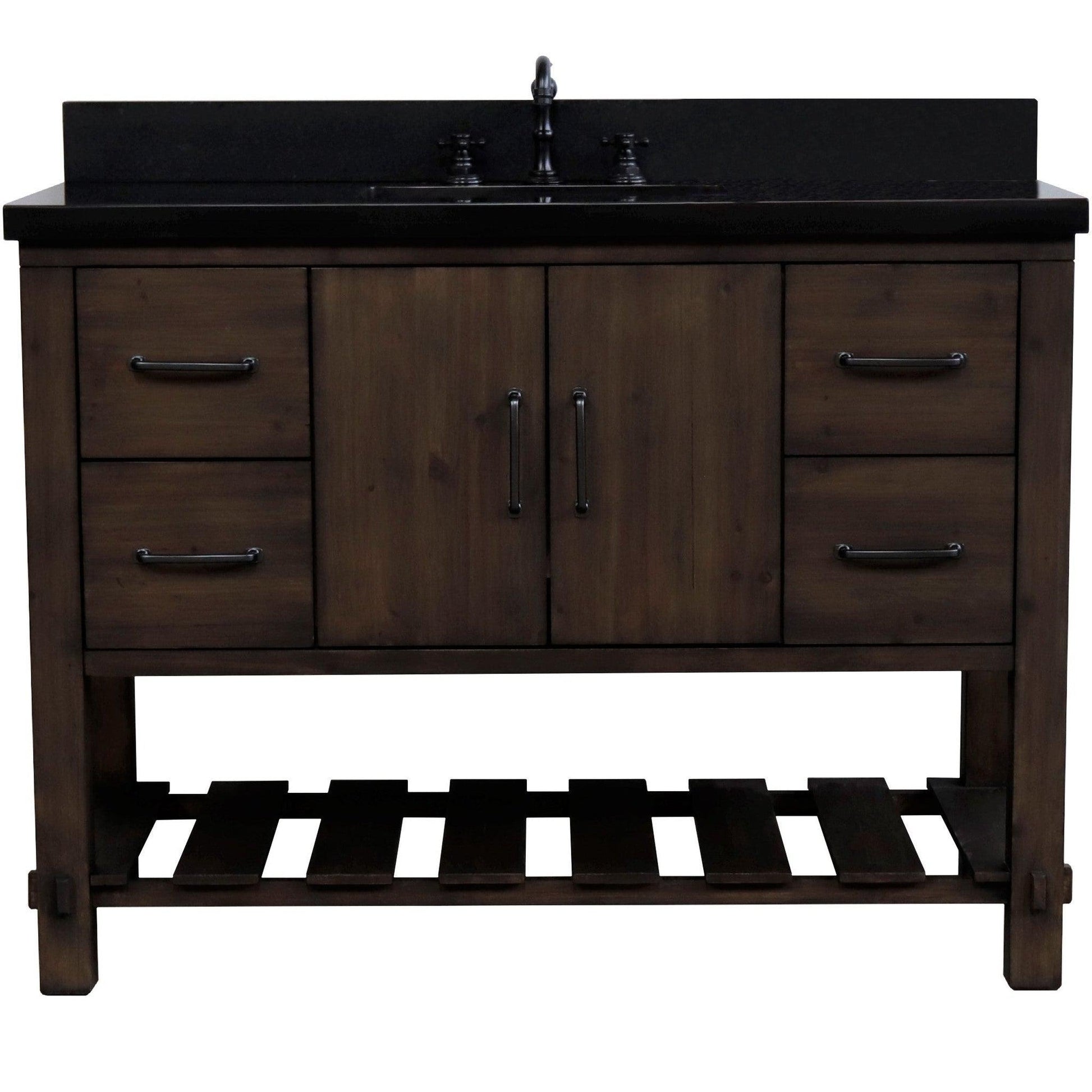 Bellaterra Home 48" 2-Door 4-Drawer Rustic Wood Freestanding Vanity Set With Ceramic Center Rectangular Sink and Black Galaxy Granite Top