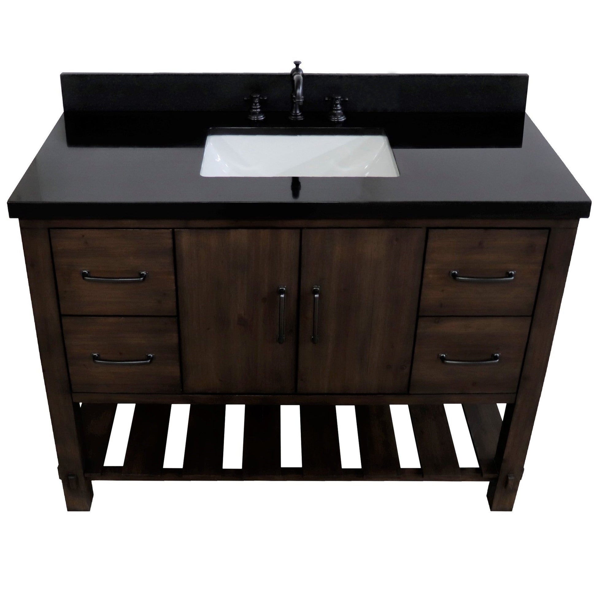 Bellaterra Home 48" 2-Door 4-Drawer Rustic Wood Freestanding Vanity Set With Ceramic Center Rectangular Sink and Black Galaxy Granite Top