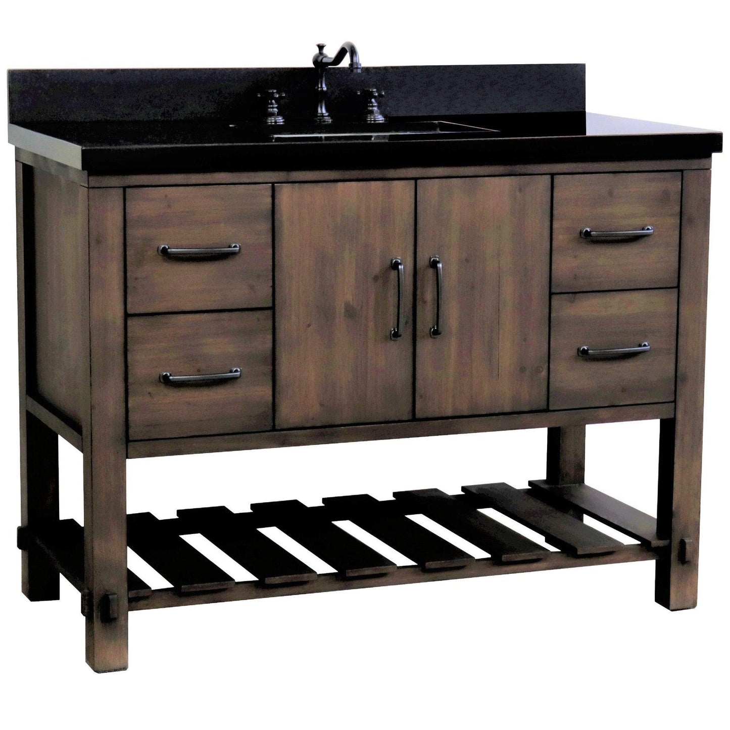 Bellaterra Home 48" 2-Door 4-Drawer Rustic Wood Freestanding Vanity Set With Ceramic Center Rectangular Sink and Black Galaxy Granite Top