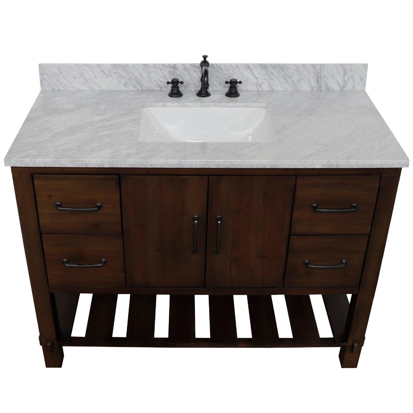 Bellaterra Home 48" 2-Door 4-Drawer Rustic Wood Freestanding Vanity Set With Ceramic Center Rectangular Sink and White Marble Top