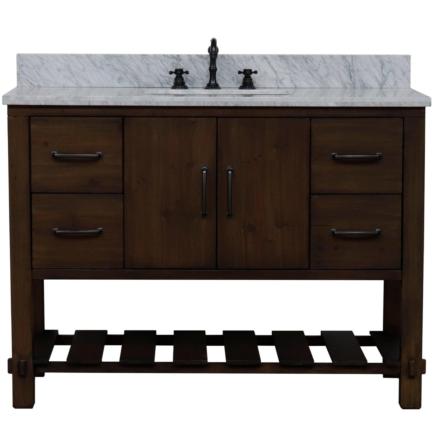 Bellaterra Home 48" 2-Door 4-Drawer Rustic Wood Freestanding Vanity Set With Ceramic Center Rectangular Sink and White Marble Top