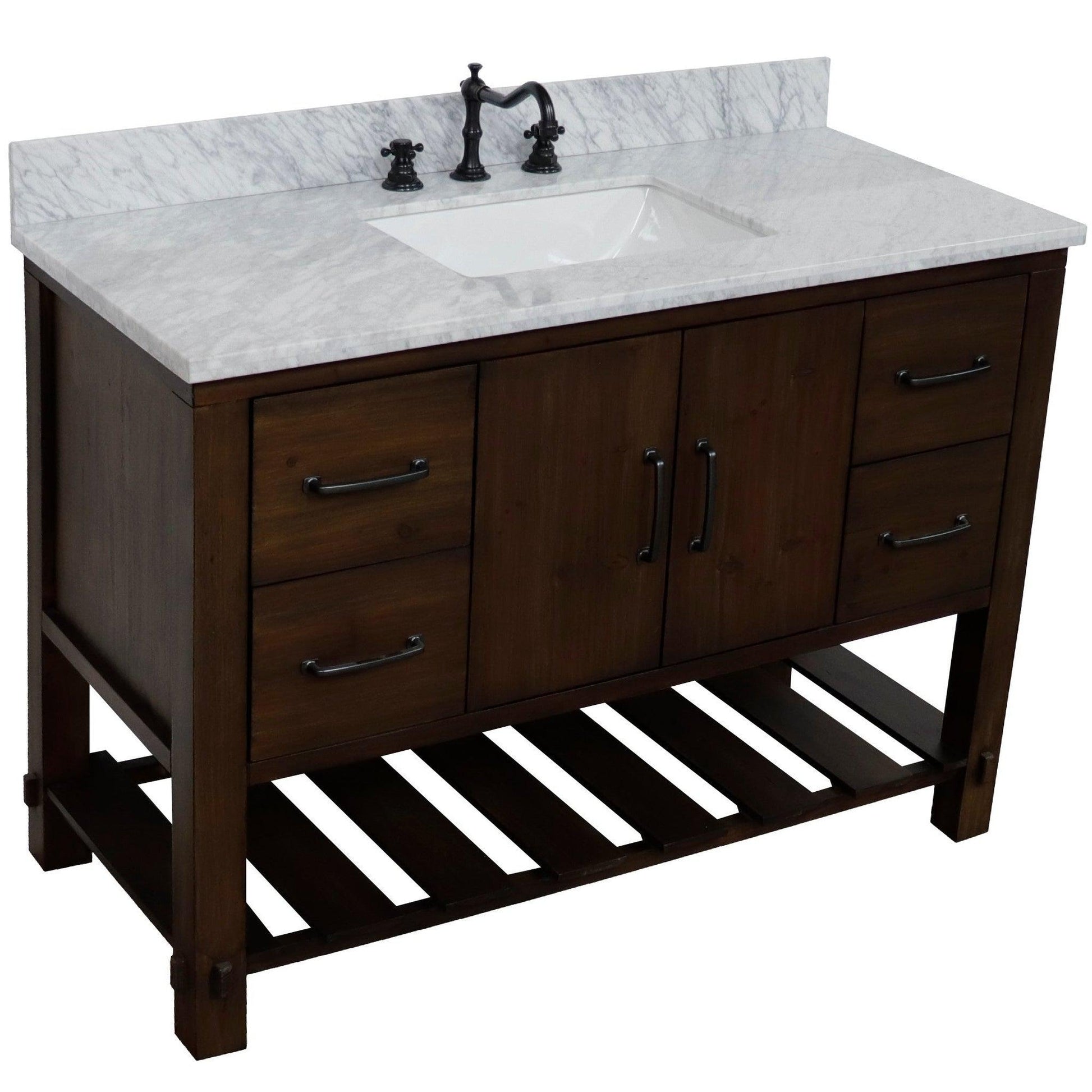 Bellaterra Home 48" 2-Door 4-Drawer Rustic Wood Freestanding Vanity Set With Ceramic Center Rectangular Sink and White Marble Top