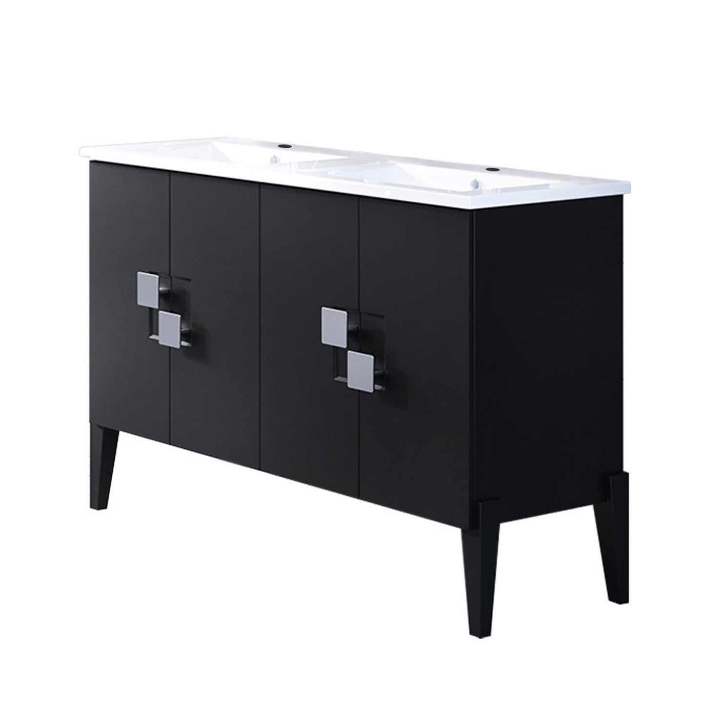Bellaterra Home 48" 4-Door Black Freestanding Vanity Set With Vitreous China Double Integrated Sink and White Ceramic Top