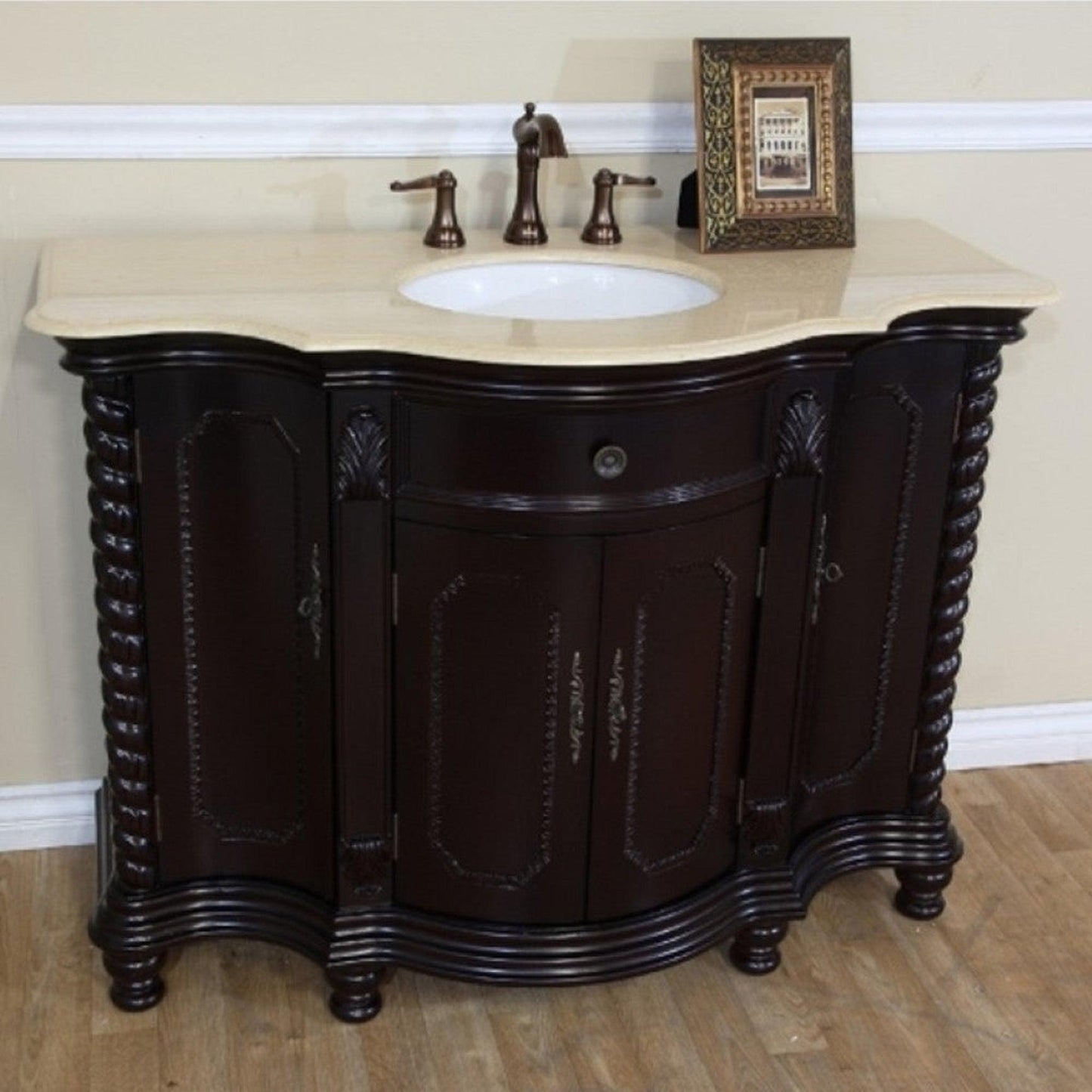 Bellaterra Home 48" 4-Door Dark Mahogany Freestanding Vanity Set With UPC White Undermount Oval Sink and Creme Marfil Top