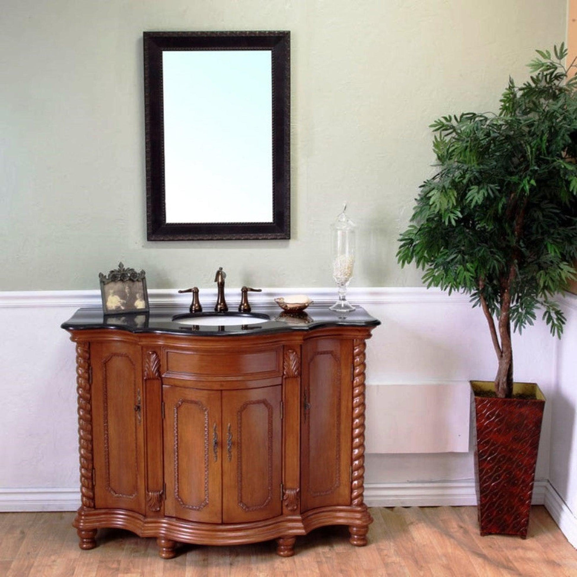 Bellaterra Home 48" 4-Door Light Walnut Freestanding Vanity Set With UPC White Undermount Oval Sink and Black Galaxy Granite Top