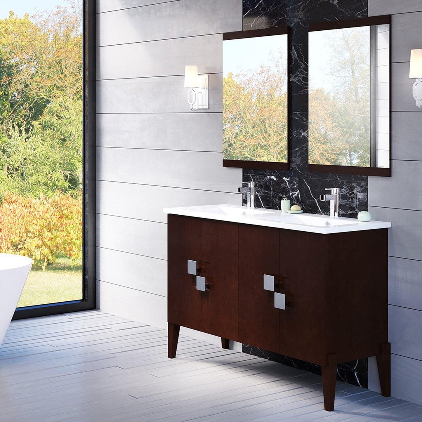 Bellaterra Home 48" 4-Door Walnut Freestanding Vanity Set With Vitreous China Double Integrated Sink and White Ceramic Top